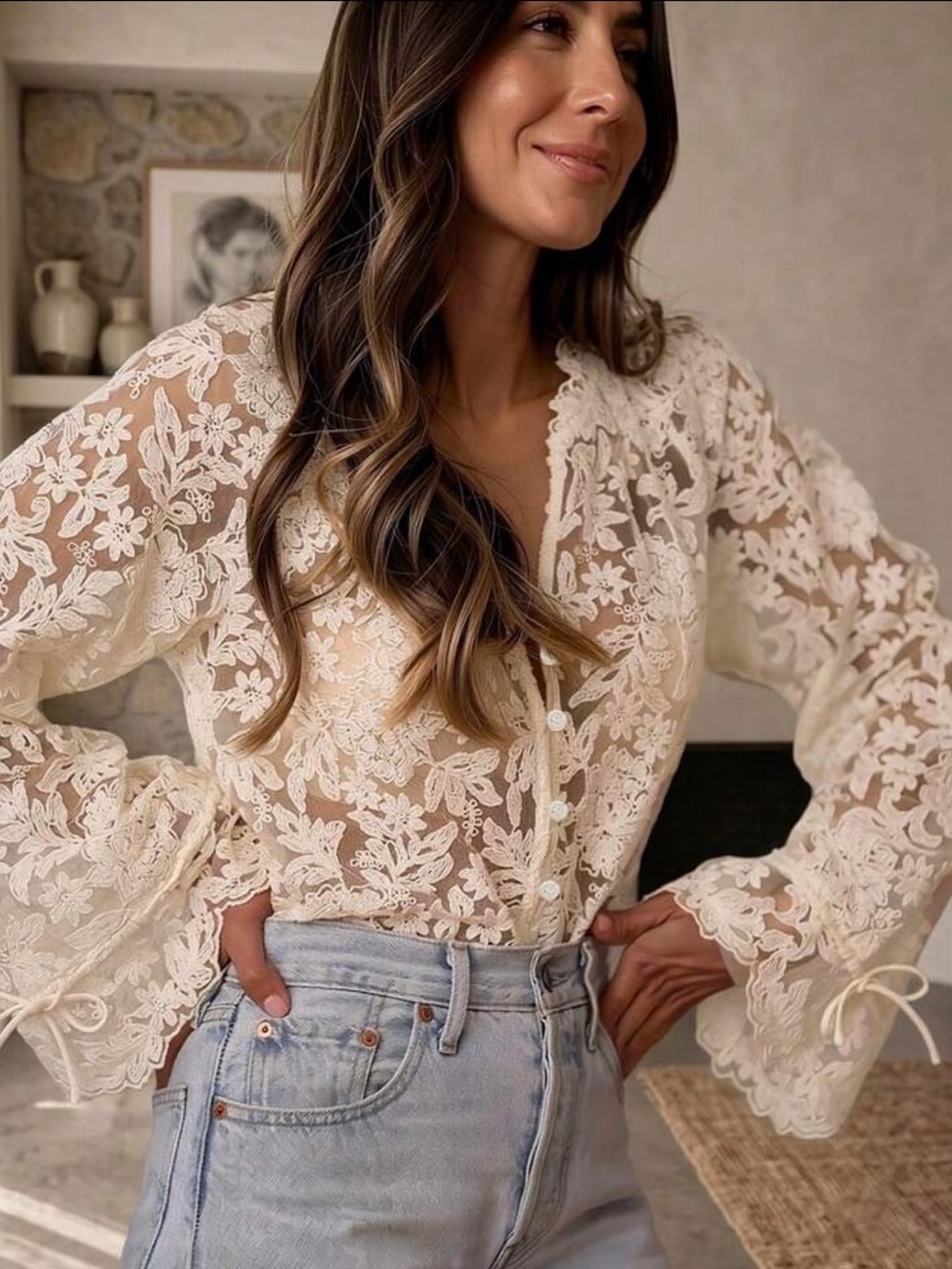 Romantic Sheer Floral Embroidered Button Up Blouse cream